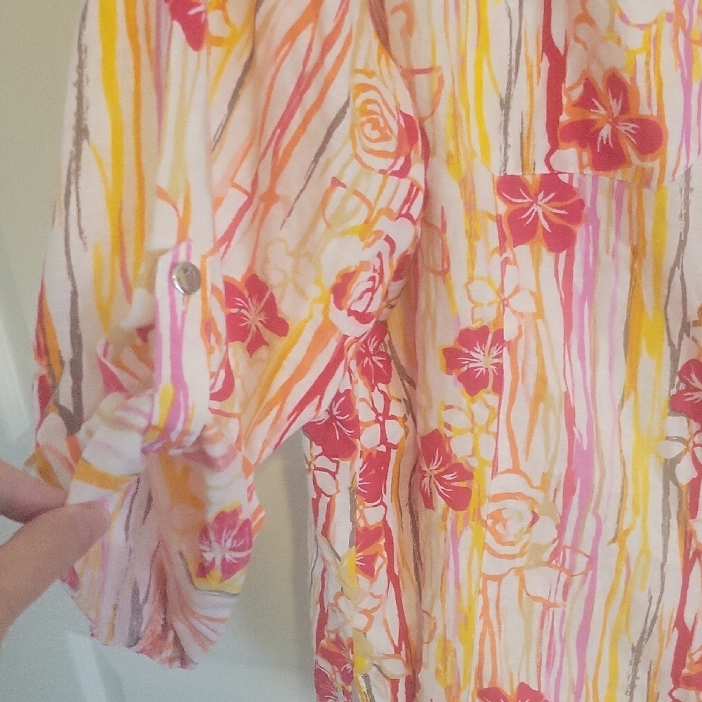 Coral Bay Sz2X Multicolor Linen Blend Floral Stripe button down 3/4 slv Blouse - Picture 4 of 5